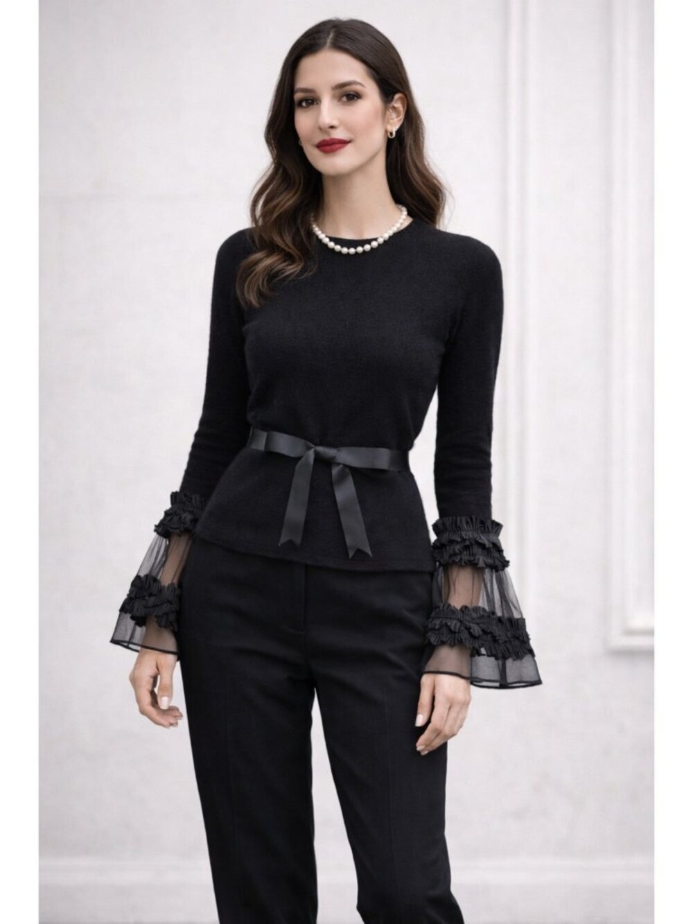 Mira New York Cashmere Wool Black Top Size 2 Sheer Ruffle Sleeve Bow Belt